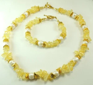 Statement Crackle Quartz Pearl Necklace & Bracelet Set Party Wedding Jewelry - Picture 1 of 2
