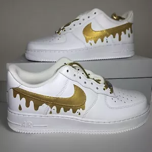 Neu Custom Nike White Air Force 1 07 Gold Paint Drip Swoosh & Schnürsenkel Herren 9,5 - Bild 1 von 12