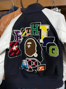 A Bathing Ape Varsity Jacket Leather Size M Used Great Condition From Japan - Picture 1 of 3