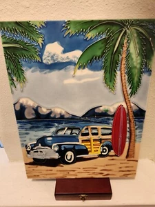 Ceramic Woody Car With Surf Board Sign - Picture 1 of 3