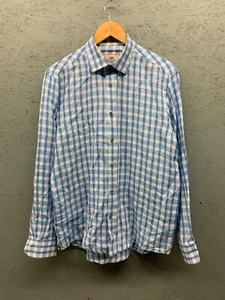 Report Collection Resort Linen Shirt Men’s Large Blue Plaid Button-Up - Picture 1 of 9