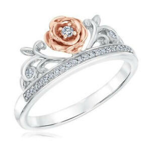 Polished 925 Two Tone Silver Floral Ring 14k Rose Gold Flower Wedding Jewelry