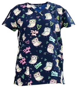 Damen Mikrofaser medizinisches Peeling bedruckt Tops marineblau Basis Eule Herz S - Bild 1 von 2