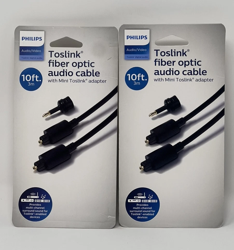 Philips Toslink Fiber Optic Audio Cable 10 FT W/ Mini Adapter 5b