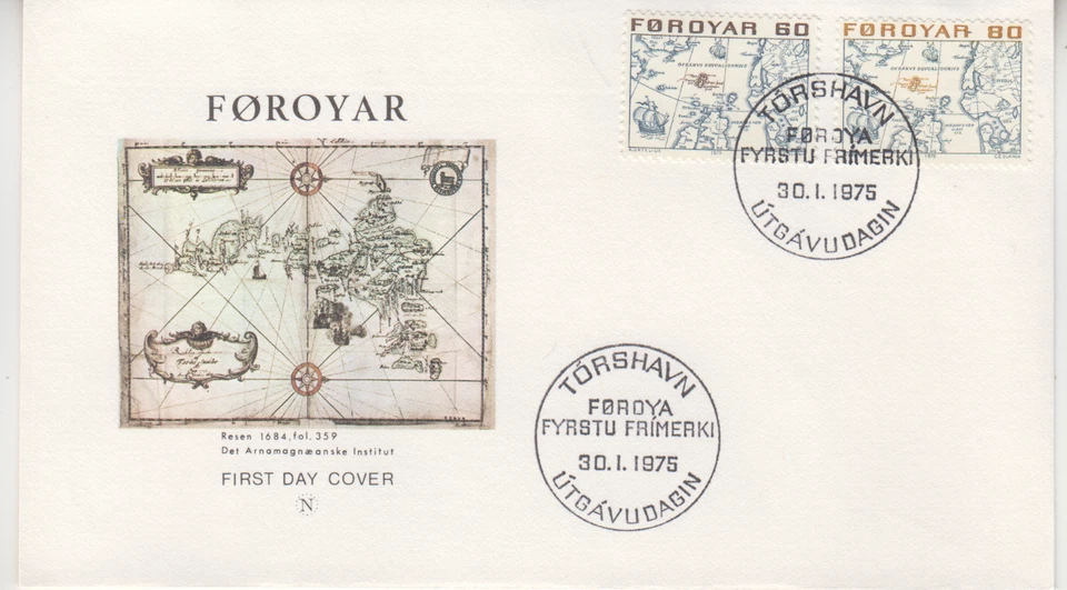FAROE ISLANDS : 1975  FDC/ COVER - SCOTT # 10-12  DOUBLE / MAP - Image 1 of 1