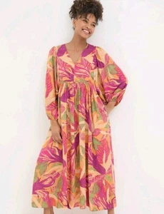 FAT FACE Jocelyn Orange Tropical Floral Midi Dress.Size UK 12 R. *New With Tags* - Picture 1 of 14