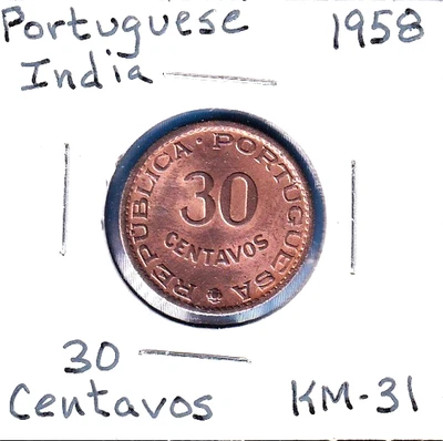1958 Portuguese India 30 Centavos (KM-31) Bronze [Lisbon Mint]  two-year issue - Image 1 of 2