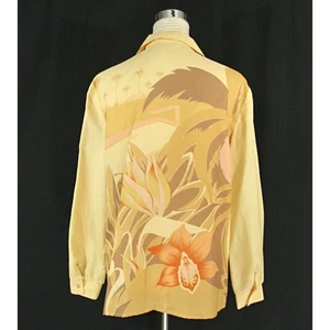 Vintage Floral Iris Bouquet Roll Tab Sleeve Secretary Career Blouse Gold M 1970s - Picture 1 of 8