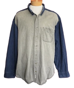WOOLRICH Rugged Wear BLUE DENIM & KHAKI CANVAS Button-Up Shirt ELBOW PATCH sz L - Picture 1 of 5