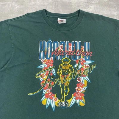 vintage 1995 NIKE HONOLULU MARATHON FINISHER t shirt L 90s Hawaii green run race - Image 1 of 4