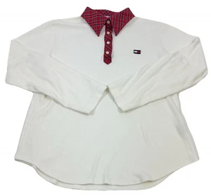 Tommy Hilfiger Polo Shirt Long Sleeve Size Large White Plaid Collared Preppy 90s - Picture 1 of 12