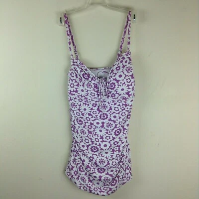 Traje de baño Coco Rave de una pieza talla pequeña blanca púrpura floral pareo acanalado Foto 1 de 4