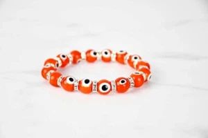 10MM Orange Turkish Evil Eye Crystal Glass Bead Stretch Bracelet - Picture 1 of 1