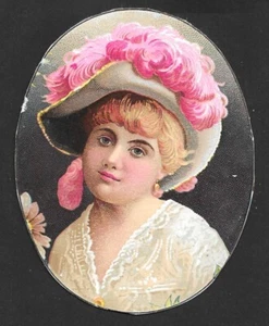 Victorian Era Blank Card - Woman's Head and Hat with Pink Feathers- Late 1800s - Bild 1 von 2