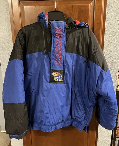 Kansas Jayhawks Vintage 1990's Starter Pullover Hooded Puffer Jacket Size Medium Cover