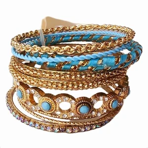 Sophia And Kate Set 10 Bangle Crystal Bracelets Baby Blue And Gold - Picture 1 of 4
