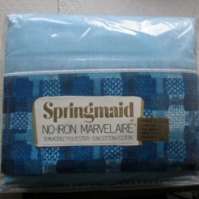 Vintage Retro Sheets Set DOUBLE Springmaid P/C Fabric 1970s Rambleweave Blue - Image 1 of 4