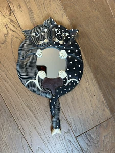 HANDMADE CUTE WOODEN TWO CATS WALL HANGING CAT DECOR MIRROR WITH FREE SHIPPING - Picture 1 of 5
