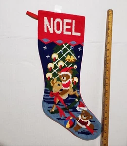 VTG Rocking Teddy Bear Needlepoint Christmas Stocking 18” #A - Picture 1 of 4