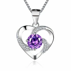 Damen Halskette 925 Sterling Silber Herz Anhänger Kristall Diamant Geschenk - Bild 1 von 7