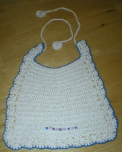 Vintage Hand Crochet Baby Bib White with Blue & Pink - Early 1940's Unused - Picture 1 of 4