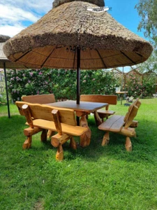 Sitzgarnitur mit Sonnenschirm Reet gedeckt, Rustikale Gartenmöbel, Eichenholz - Bild 1 von 7
