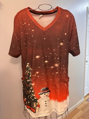 NWOT Snowman And Christmas Tree Scrubs Top Woman’s Large - Image 1 of 3