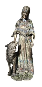 Scultura in bronzo Christopher Pardell fanciulla indiana con lupo arte - Foto 1 di 20