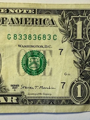 Trinary One Dollar Bill 3s 8s 6s G83383683C Fancy Serial Number Series 2017 A - Image 1 of 4