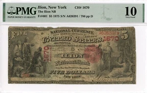 1875 Ilion, New York $5 note ILION NB CH#1670 PMG 10 - Picture 1 of 2