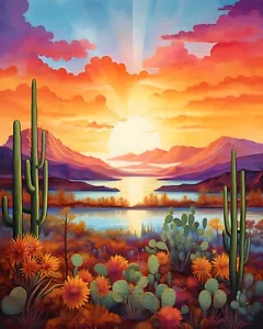 Stampa artistica lago Apache, deserto di Sonora Saguaro montagne Arizona 8X10 - Foto 1 di 2