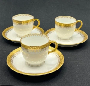 Limoges J. Pouyat France White And Gold Tone Teacups & Saucers Set Of 3 - Picture 1 of 15