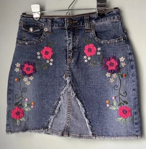 Vtg GUESS EMBROIDERY DENIM JEAN SKIRT Y2K Floral Western Beaded 14 Girls - Picture 1 of 7