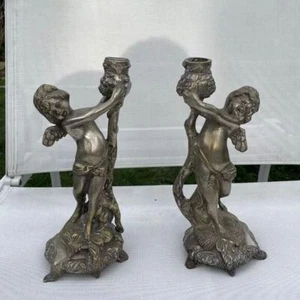 Antique 19th century pair of Bronze Cherubs Candlesticks Holders - Picture 1 of 5
