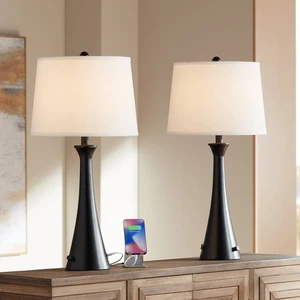 Karl Modern Table Lamps 28 1/4" Tall Set of 2 Black USB and Outlet White Shade - Picture 1 of 10