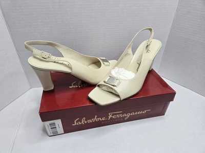 Salvatore Ferragamo Mujer Tacones 91/2 Neutro Eslinga Trasera Cuero Hueso Blanco Foto 1 de 4