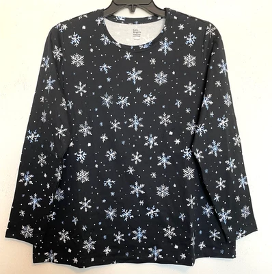 Ким Роджерс размер 2 X черный снежинка печать трикотажный топ, длинные рукава, ворота новый с Ярлыками - Изображение 1 из 3