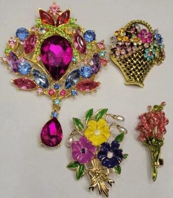 4件装美丽花朵花卉花束皇冠泪珠胸针套装加州美国E100-5 — 第 1/4 张图片