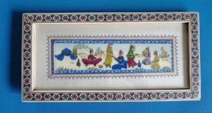 Quadro persiano vintage su osso; musicisti, cornice intarsiata fine Khatam - Foto 1 di 4