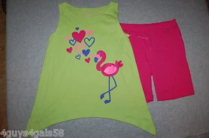 Girls Outfit LIME GREEN FLAMINGO TANK TOP Sharkbite PINK BIKE SHORTS Size 4 6 - Picture 1 of 1