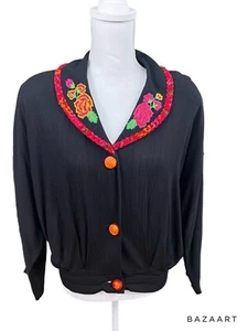 Carole kleine schwarze Jacke Gummibund Langarm mit Blumenstickerei - Bild 1 von 3