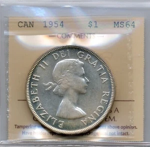 1954 Canada Silver Dollar, Short Water Lines - Choice Uncirculated, ICCS MS 64 - Picture 1 of 3