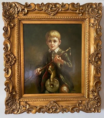 Pintura grande - Niño en su caballo de madera - Marco de madera dorado ornamentado tallado a mano Foto 1 de 4