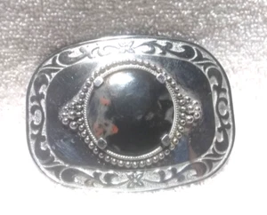 Black Mosaic Stone In Silver Western Shiny Engraved Edge Belt Buckle Vintage - Picture 1 of 9