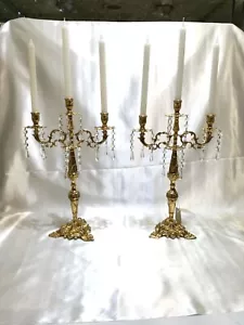 COPPIA CANDELABRI CANDELIERI IN BRONZO BAGNO ORO ANTICO CON CRISTALLI 3 FIAMME - Bild 1 von 1