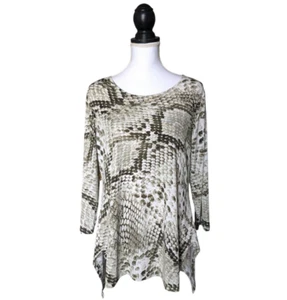 Clara Sun Woo Snake Print Olive Green 3/4 Sleeve Slinky Top Size Medium USA Made - Picture 1 of 5
