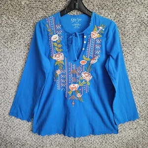 Kyla Seo Top Womens Small Blue Embroidered Boho V Neck Handmade Casual - Picture 1 of 8