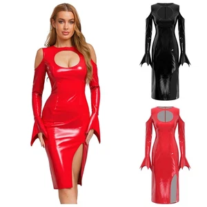 Womens Glossy Bodycon Mini Dress Halloween Vampire Dress-up Costume Clubwear - Picture 1 of 31