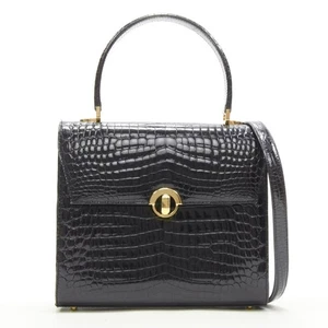KWANPEN black polished leather gold turnlock crossbody flap satchel bag - Picture 1 of 11