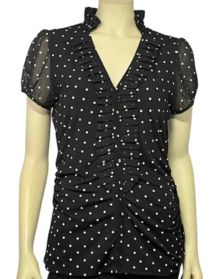 WHBM Sz L короткий рукав блузка с оборками v-образным вырезом ретро пин-ап стиль в горошек черный - Изображение 1 из 4